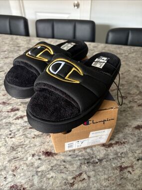 Champion Black Plush Slide Sandals with Gold & White Logo